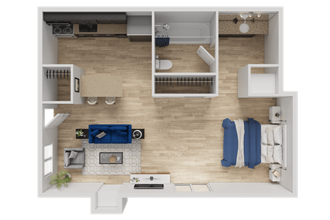 A top-down view of a modern living room with a fireplace, couch, and a dining area.